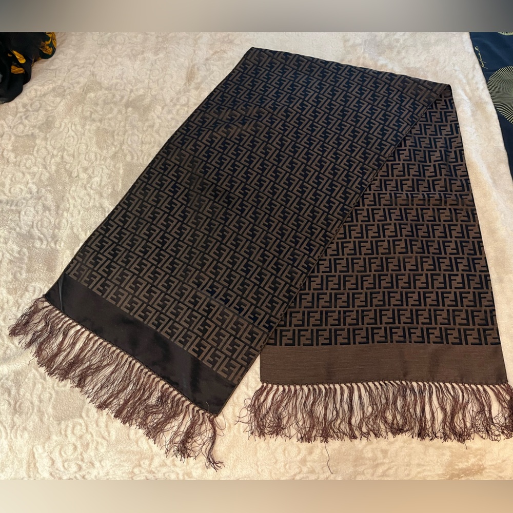 Fendi Black and Brown Logo Patterned Scarf